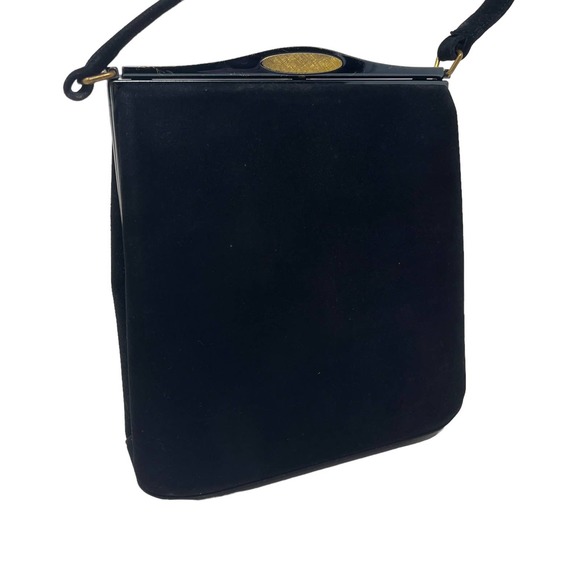 Vintage Block Black Suede Top Handle Shoulder Bag Square Opening Metal Clasp - Picture 3 of 8